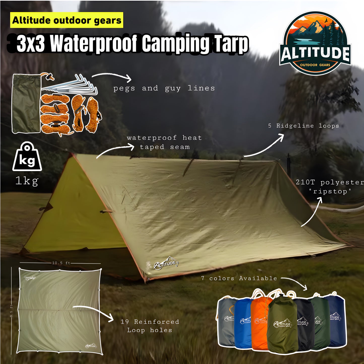 Altitude 3x3 waterproof Camping Tarp PU3000mm 210T polyester Ripstop